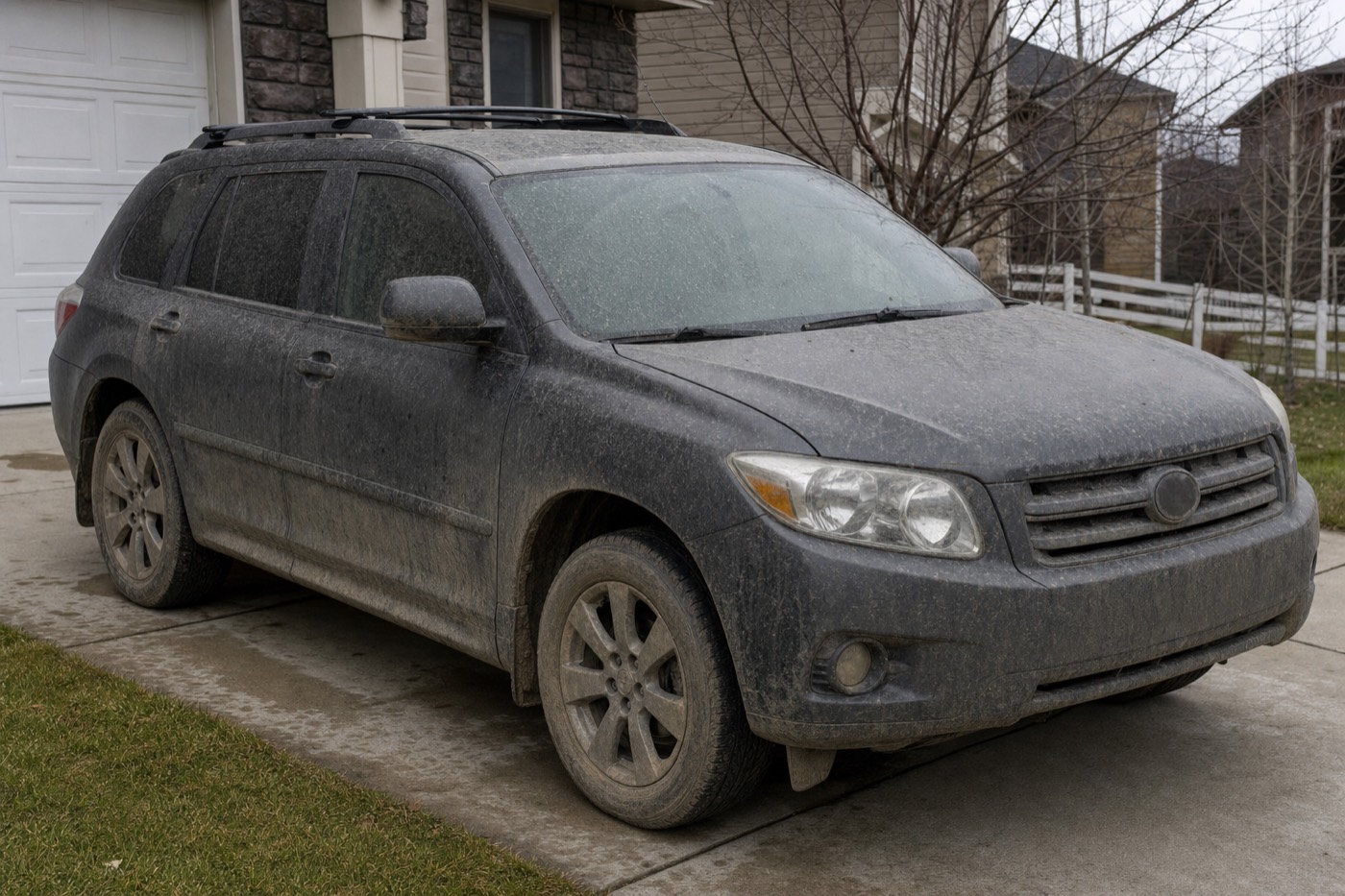 Sample image: the same style of SUV caked in dirt before detailing